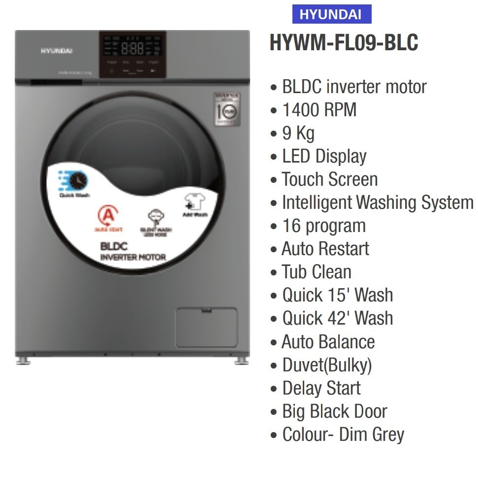Hyundai 9 kg Front Load Washing Machine: HYWM-FL09-BLC