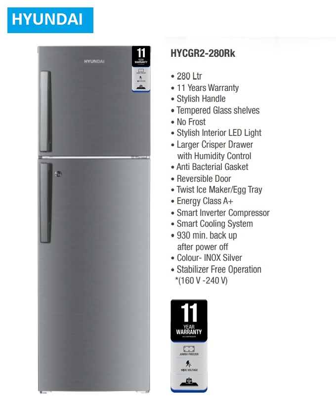 Hyundai 280 Liters Double Door Refrigerator HYCGR2-280RK