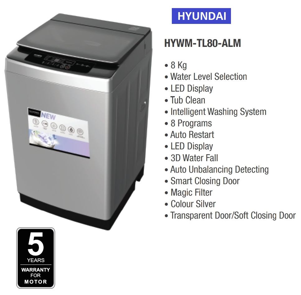 Hyundai 8 kg Washing Machine Top Load- HYWM-TL08-ALM