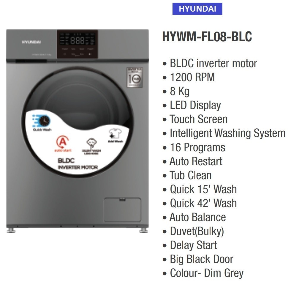Hyundai 8 kg Front Load Washing Machine: HYWM-FL08-BLC