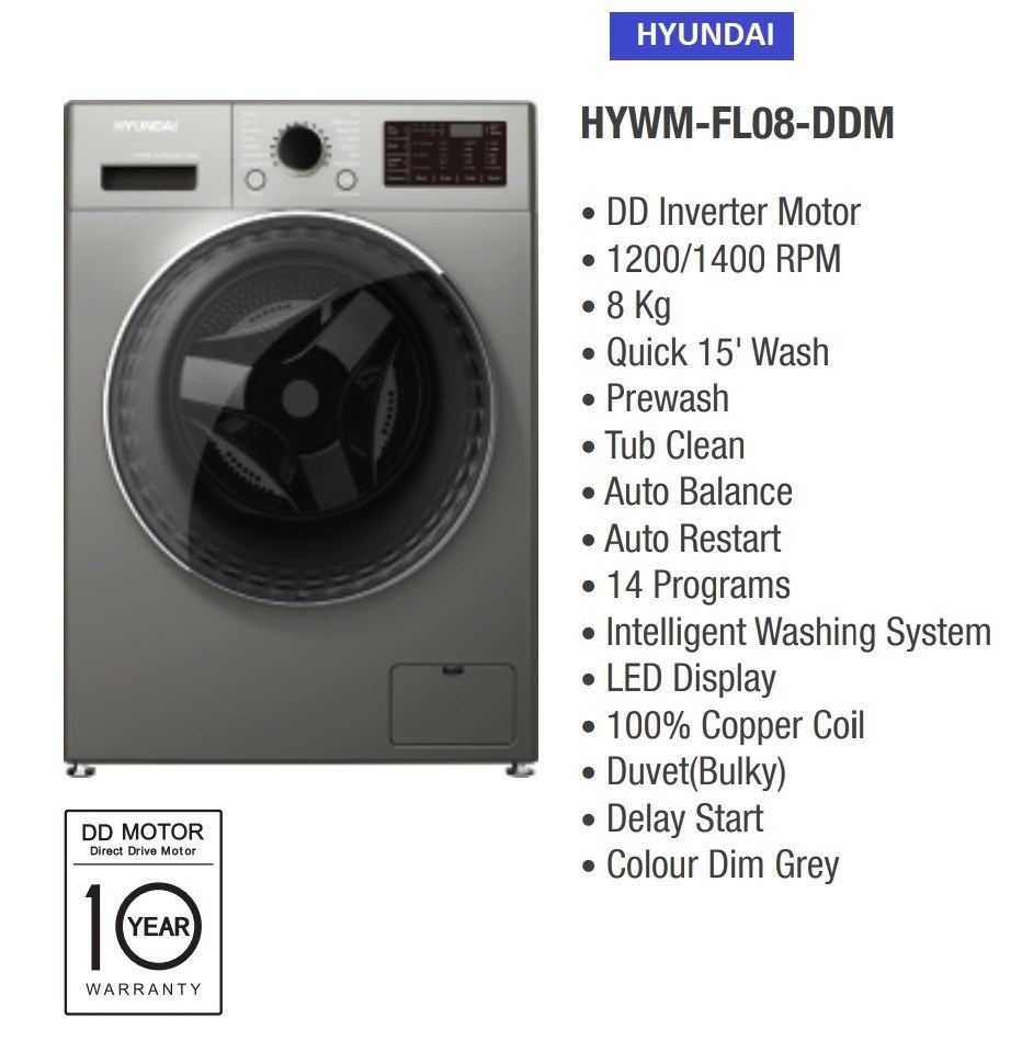 Hyundai 8 kg Front Loading Washing Machine – HYWM-FL08-DDM